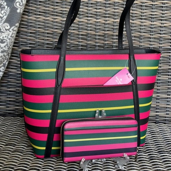 Kate Spade Wrapping Paper Large Tote Multi & Staci Wrapping Paper Stripes Wallet - Picture 7 of 16